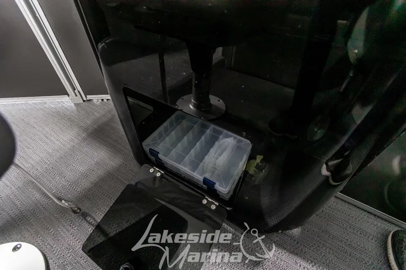 Slide: The Image of 2025 Godfrey Sweetwater 2286 FSX storage compartment with tackle box, Lakeside Marina logo. - 36