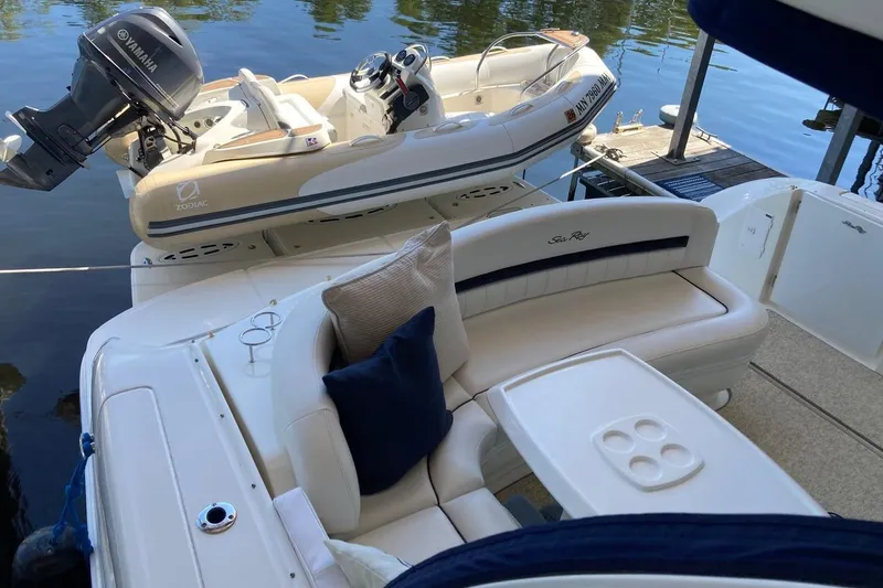 Slide: The Image of 2008 Sea Ray 44 Sundancer with Zodiac tender and Yamaha motor at dock. - 27