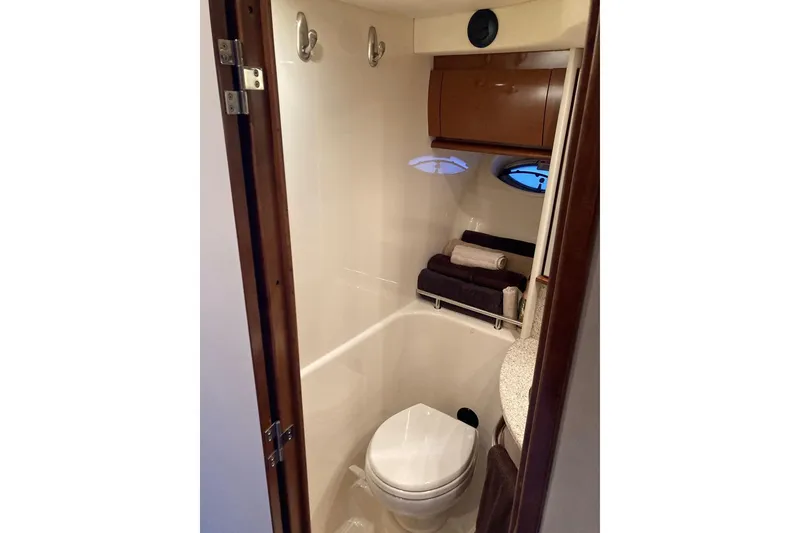 Slide: The Image of Luxurious bathroom in 2008 Sea Ray 44 Sundancer yacht with modern amenities. - 45