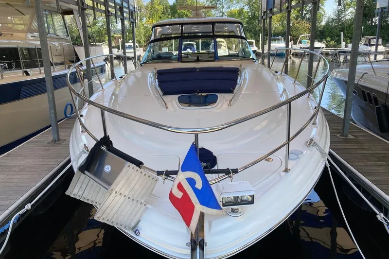 Slide: The Image of 2008 Sea Ray 44 Sundancer yacht docked at marina, front view. - 5