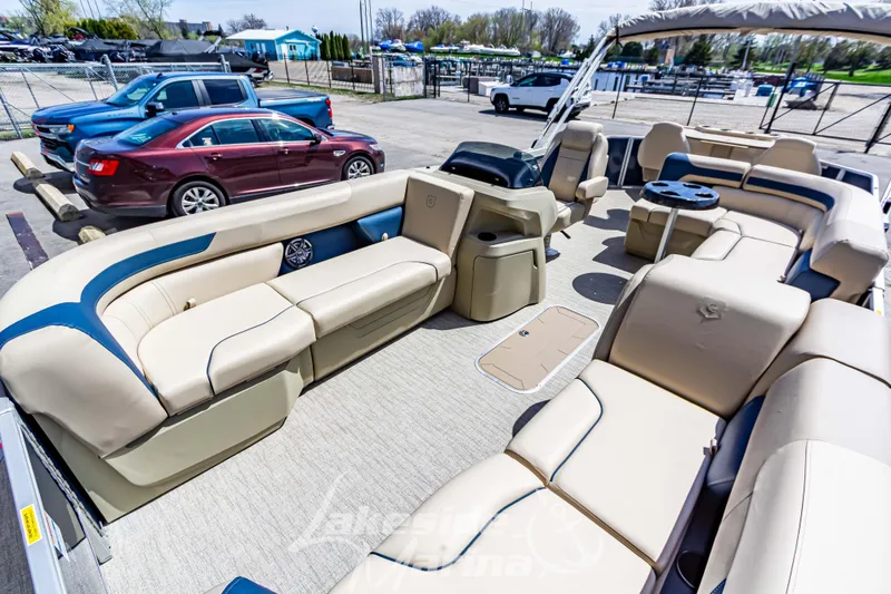 Slide: The Image of 2025 Godfrey Sweetwater 2286 FSX pontoon boat with spacious seating and modern design. - 11