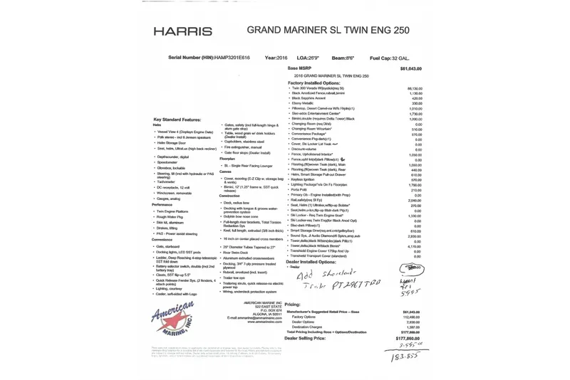 Slide: The Image of 2016 Harris Grand Mariner SL 250 Twin Engine features and pricing details sheet. - 14