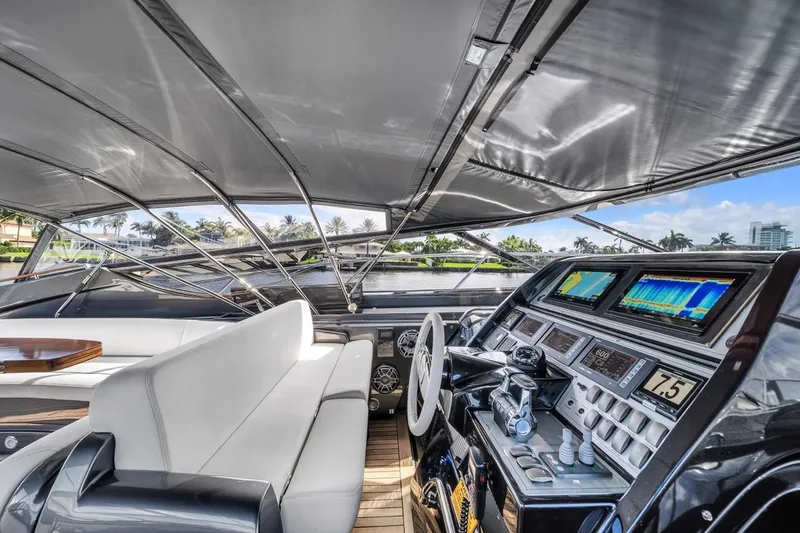 Slide: The Image of Luxurious 2015 Riva 63 yacht cockpit with modern navigation systems and elegant seating. - 43