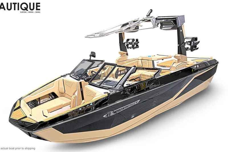 The Image of 2026 Nautique Super Air Nautique G23 boat, sleek design, luxury interior, black and beige color scheme. - 1