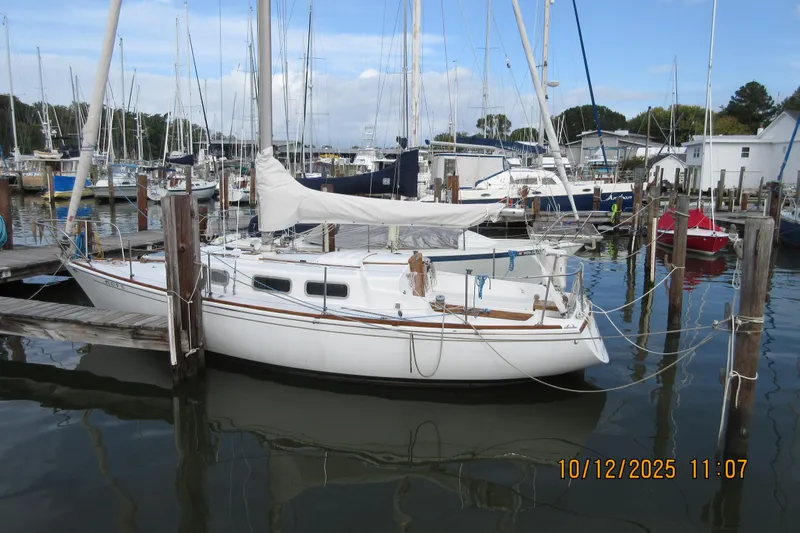 The Image of 1974 Tartan 30 sailboat docked in a marina, surrounded by other boats. - 0