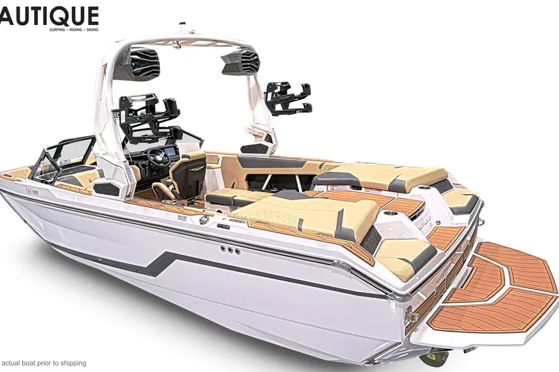 Slide: The Image of 2026 Nautique Super Air Nautique GS22 boat with sleek design and luxurious seating. - 2