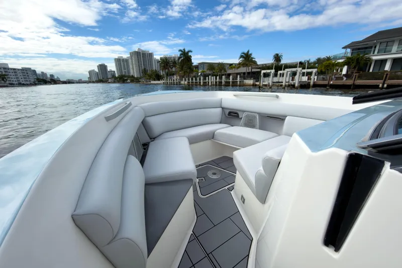 Slide: The Image of Luxurious 2022 Aviara AV32 OB boat interior with waterfront cityscape view. - 41