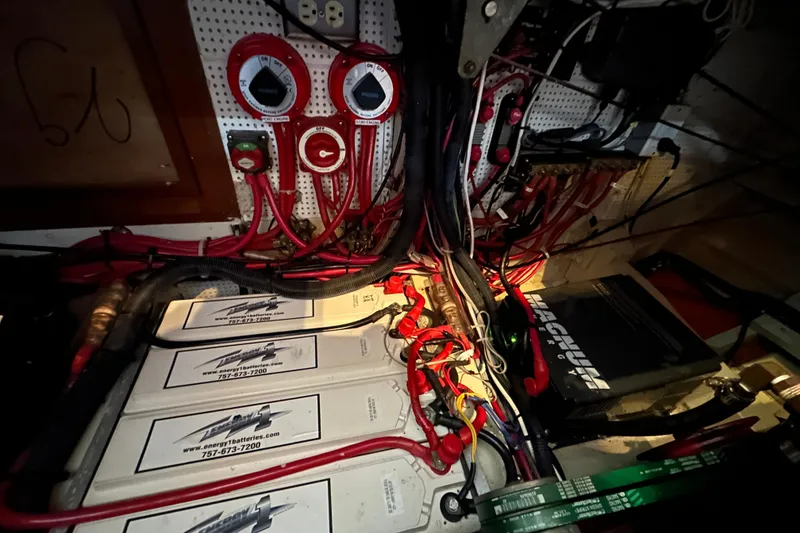 Slide: The Image of Electrical system of a 1973 Grand Banks 36 Classic boat with batteries and wiring. - 41