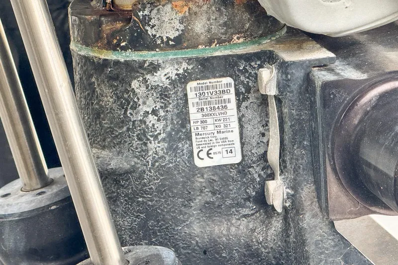 Slide: The Image of Close-up of a Mercury Marine engine label on a 2007 Triton 351 CC boat. - 138