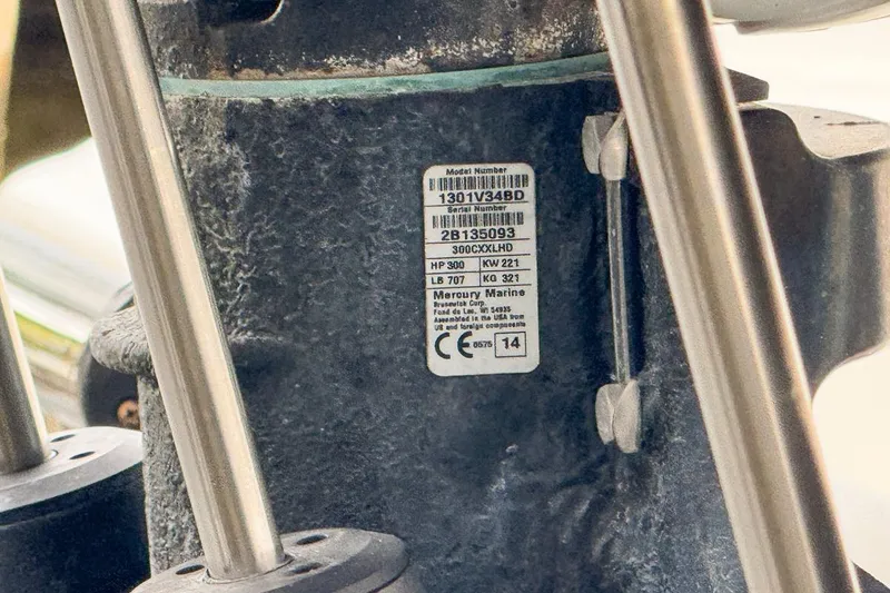 Slide: The Image of Close-up of a Mercury Marine engine label on a 2007 Triton 351 CC boat. - 139