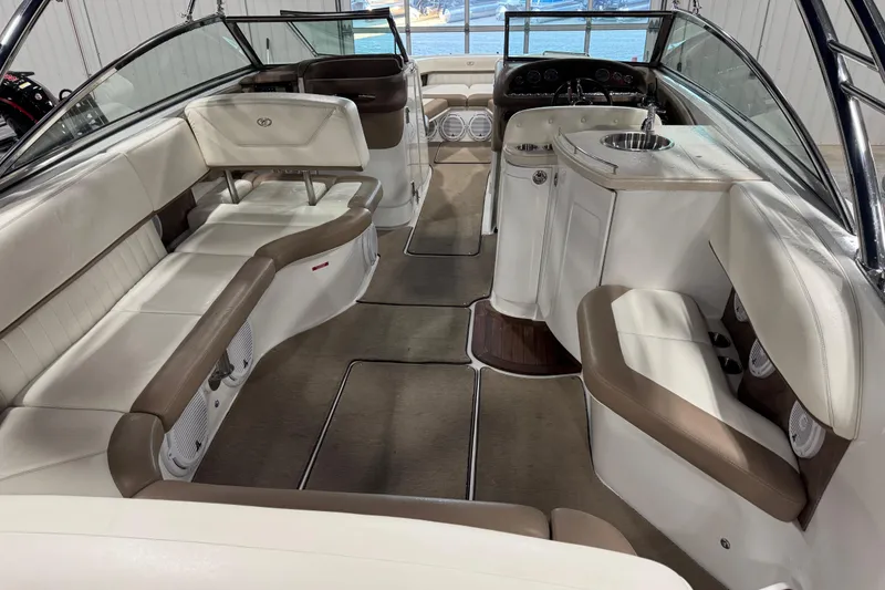 Slide: The Image of Luxurious 2011 Cobalt boat interior with plush seating and sleek design. - 7