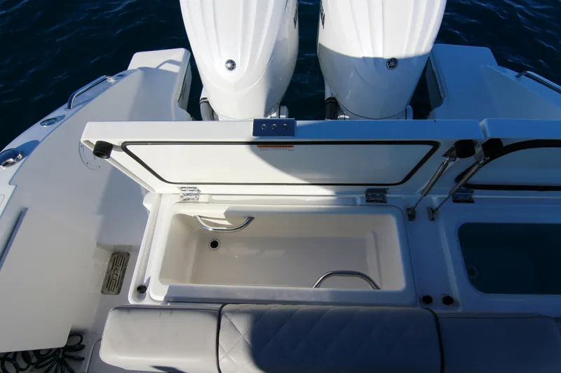 Slide: The Image of 2023 Pursuit DC 295 Dual Console boat with open storage compartment and twin engines. - 29