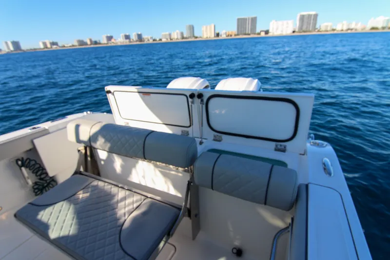 Slide: The Image of 2023 Pursuit DC 295 Dual Console boat on water with city skyline. - 30