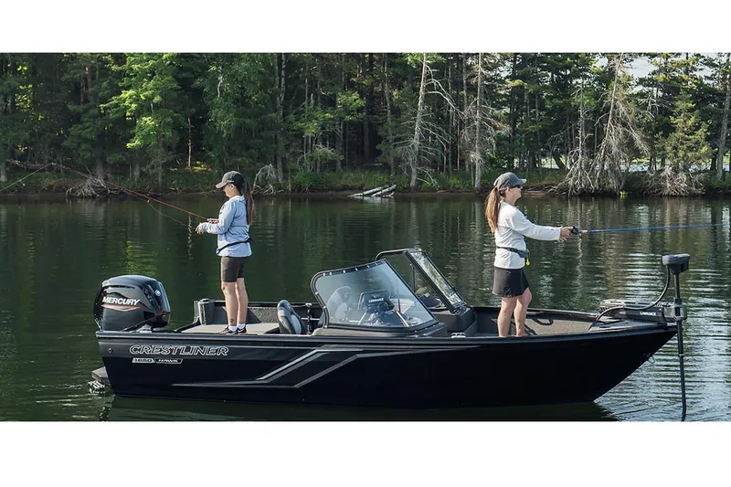 Slide: The Image of Manufacturer Provided Image: 2024 Crestliner 1650 Hawk fishing boat on a serene lake. - 8