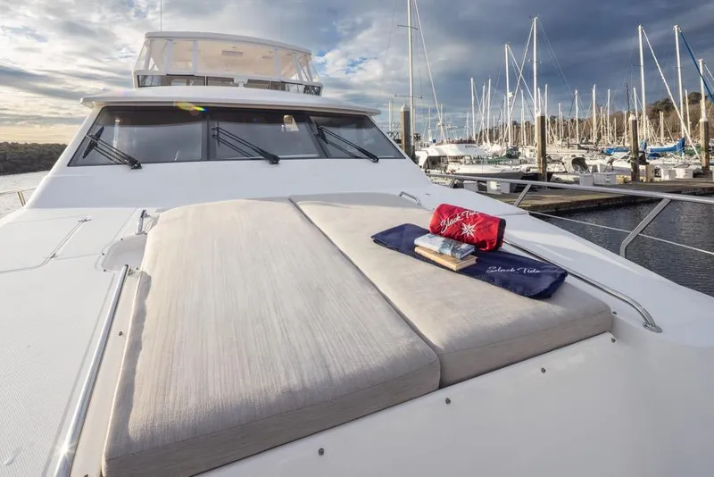 Slide: The Image of Luxurious 2015 Hampton motor yacht with sunbathing deck, docked at marina under cloudy sky. - 13