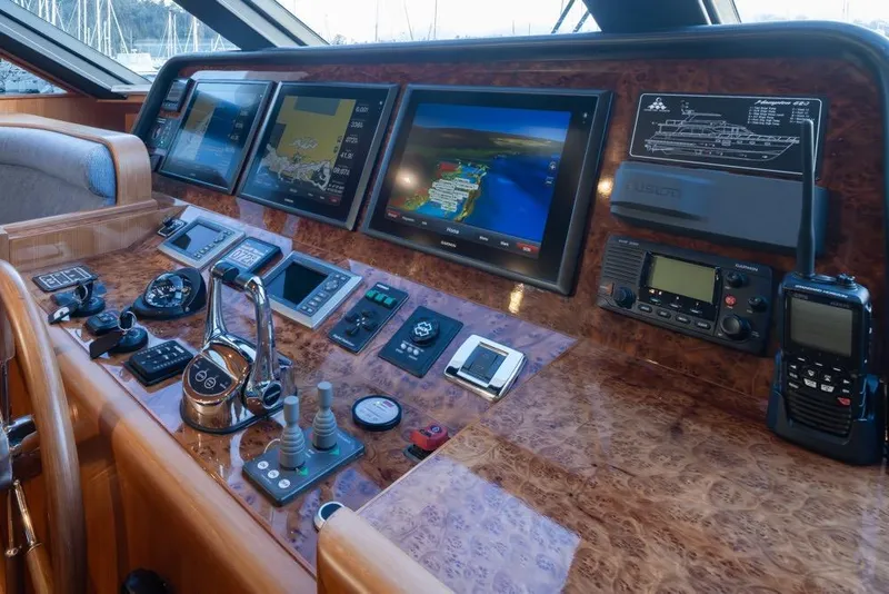 Slide: The Image of Control panel of a 2015 Hampton motor yacht with navigation screens and communication devices. - 29