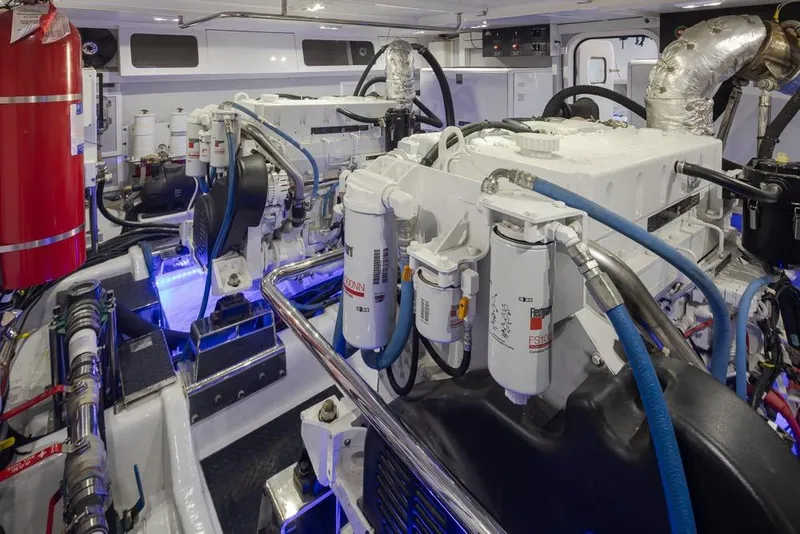 Slide: The Image of Engine room of a 2015 Hampton motor yacht, showcasing machinery and equipment. - 75
