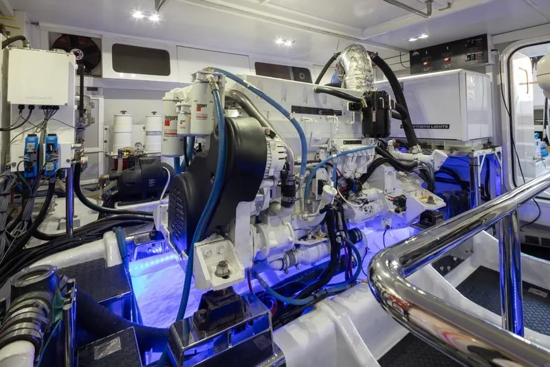 Slide: The Image of Engine room of a 2015 Hampton motor yacht with advanced machinery and equipment. - 76