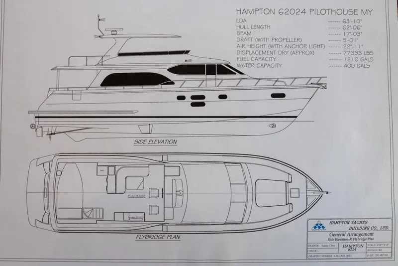 Slide: The Image of Blueprint of 2015 Hampton motor yacht, side elevation and flybridge plan. - 77