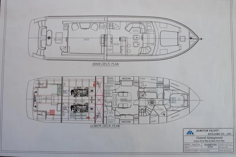 Slide: The Image of Blueprint of a 2015 Hampton Motor Yacht, showing main and lower deck plans. - 78