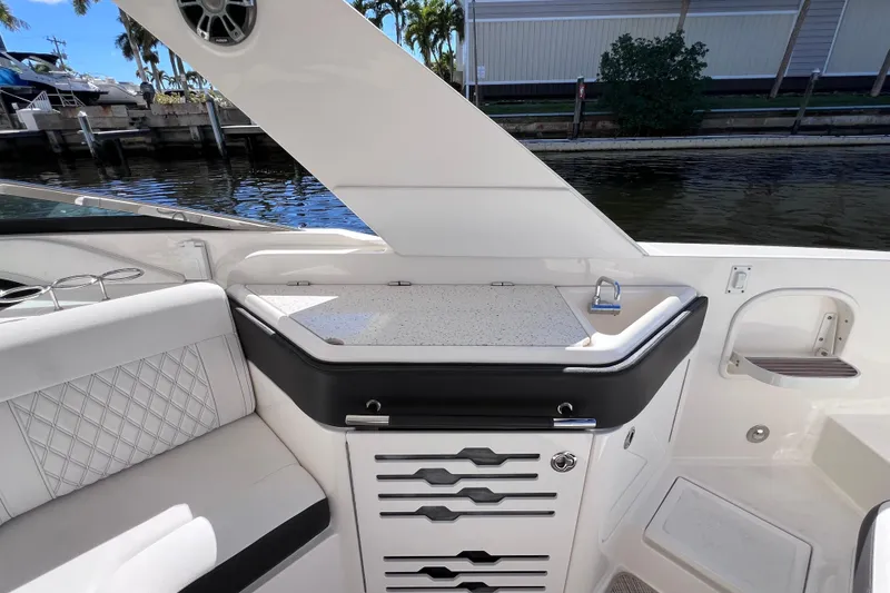 Slide: The Image of Hand spraying water from a hose into a lake, near a docked 2019 Sea Ray SLX 310 Outboard. - 24