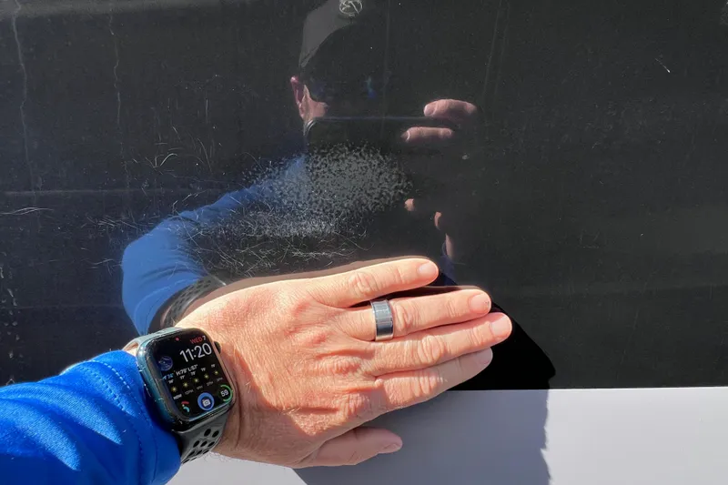 Slide: The Image of Close-up of 2019 Sea Ray SLX 310 Outboard engine mount detail. - 94