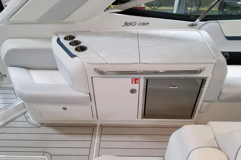 Slide: The Image of 2026 Formula 360 Crossover Bowrider OB interior with seating and built-in amenities. - 11