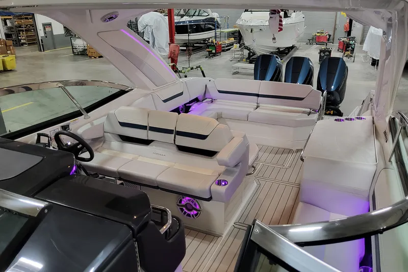 Slide: The Image of 2026 Formula 360 Crossover Bowrider OB interior with modern seating and ambient lighting. - 19