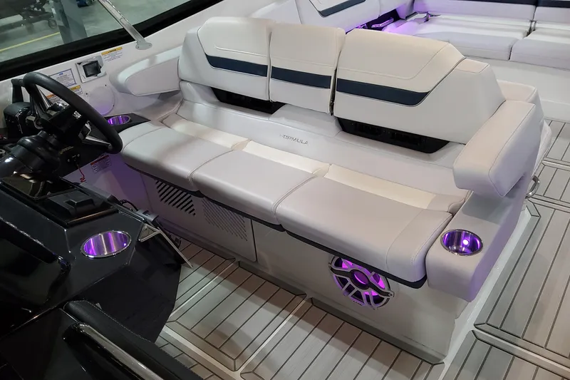 Slide: The Image of 2026 Formula 360 Crossover Bowrider OB interior with plush seating and ambient lighting. - 22