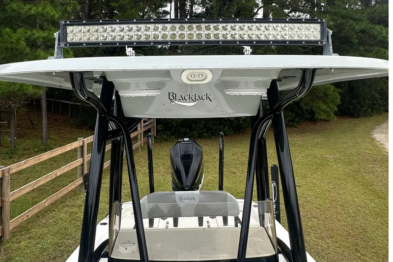 Slide: The Image of 2022 BlackJack 256 Bay boat with T-top and LED light bar in a wooded area. - 13