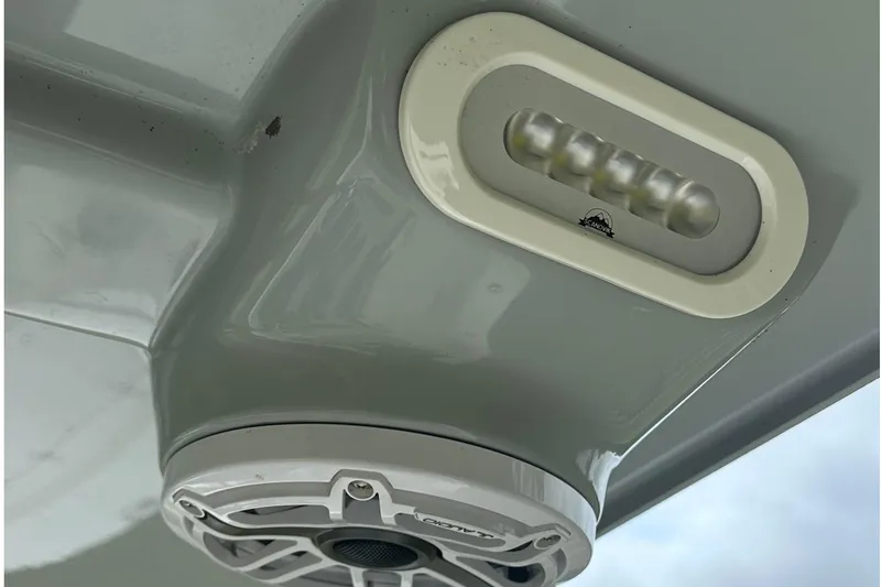 Slide: The Image of 2022 BlackJack 256 Bay boat with LED light and speaker detail. - 14