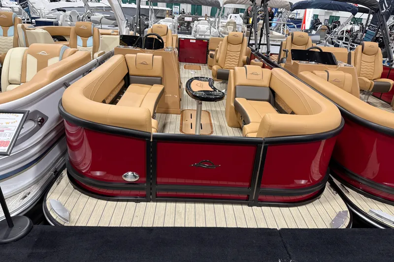 The Image of 2026 SunCatcher Fusion 324RC pontoon boat with luxurious tan seating and red exterior. - 0