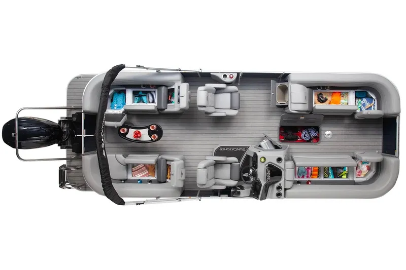 Slide: The Image of Manufacturer Provided Image: 2026 SunCatcher Fusion 324RC pontoon boat, top view, showcasing spacious seating and storage. - 17