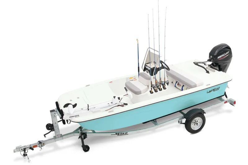 The Image of 2026 Mako Pro Skiff 13 CC boat on trailer, parked outdoors with palm trees. - 0