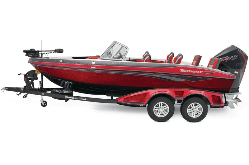Slide: The Image of 2026 Ranger 1850MS boat with Mercury Pro XS engine, parked on a driveway. - 3
