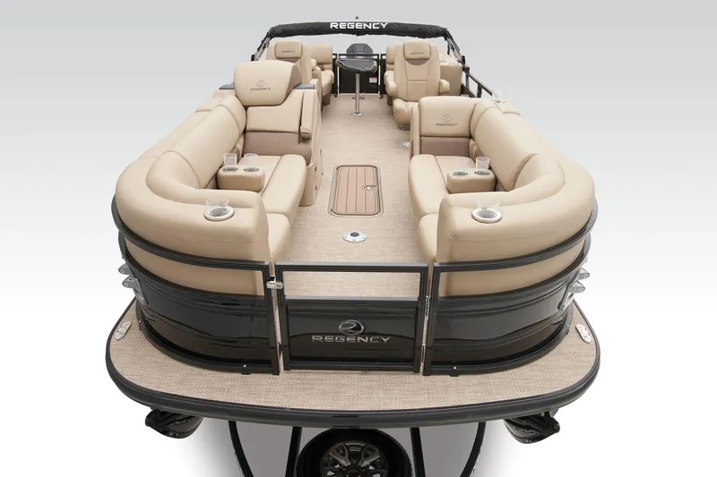 Slide: The Image of 2025 Regency 230 LE3 pontoon boat interior with spacious seating and modern design. - 10