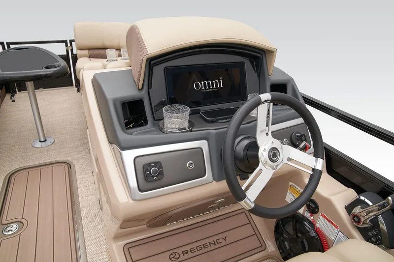Slide: The Image of 2025 Regency 230 LE3 pontoon boat with spacious seating and modern design. - 19