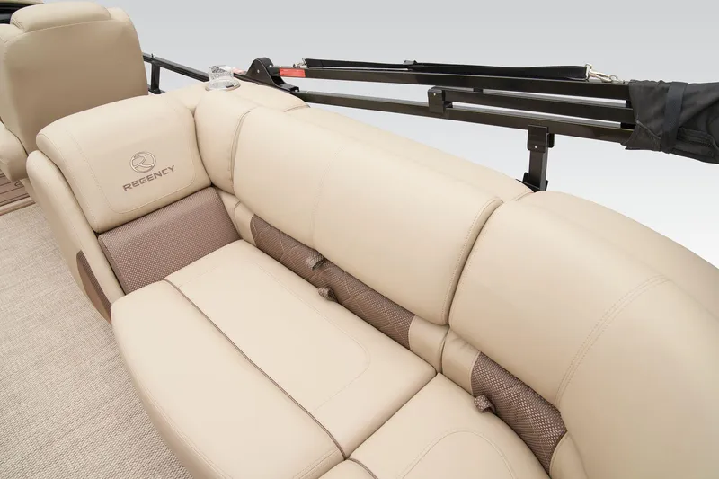 Slide: The Image of 2025 Regency 230 LE3 pontoon boat with canopy, spacious seating, and modern design. - 27