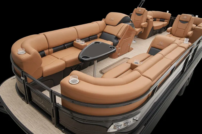 Slide: The Image of 2025 Regency 250 LE3 boat interior with gray cushioned seating and storage compartments. - 15