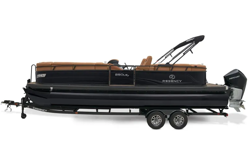 Slide: The Image of 2025 Regency 250 LE3 pontoon boat on trailer, parked outdoors under clear blue sky. - 4