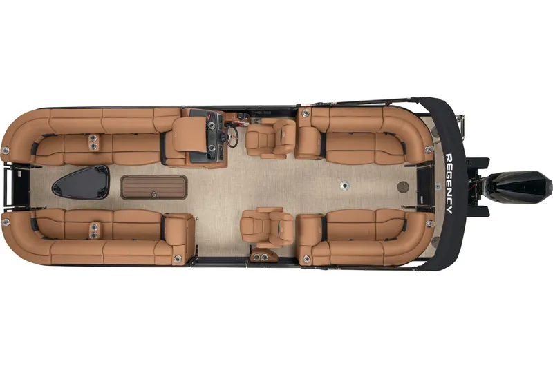 Slide: The Image of 2025 Regency 250 LE3 pontoon boat with Mercury engine on trailer. - 6