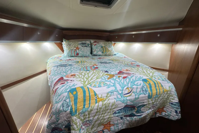 Slide: The Image of 2006 Tiara Yachts 3600 Sovran cabin with nautical-themed bedding and ambient lighting. - 23