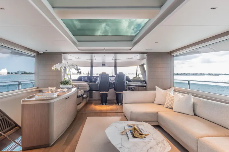 Slide: The Image of Luxurious interior of 2023 Princess X95 yacht with elegant seating and panoramic windows. - 112