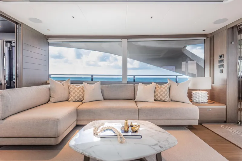 Slide: The Image of Luxurious interior of 2023 Princess X95 yacht with elegant seating and ocean view. - 113
