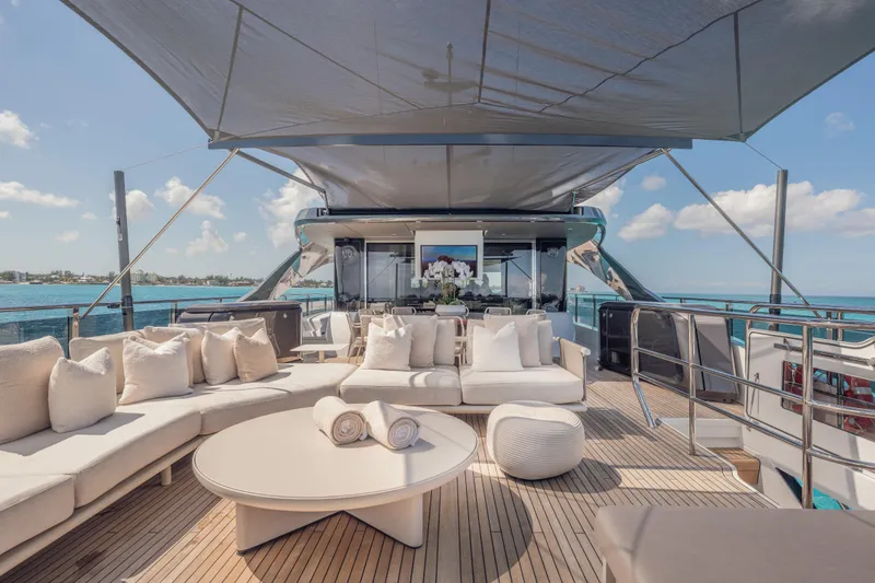Slide: The Image of Luxurious 2023 Princess X95 yacht deck with elegant seating and ocean view. - 35