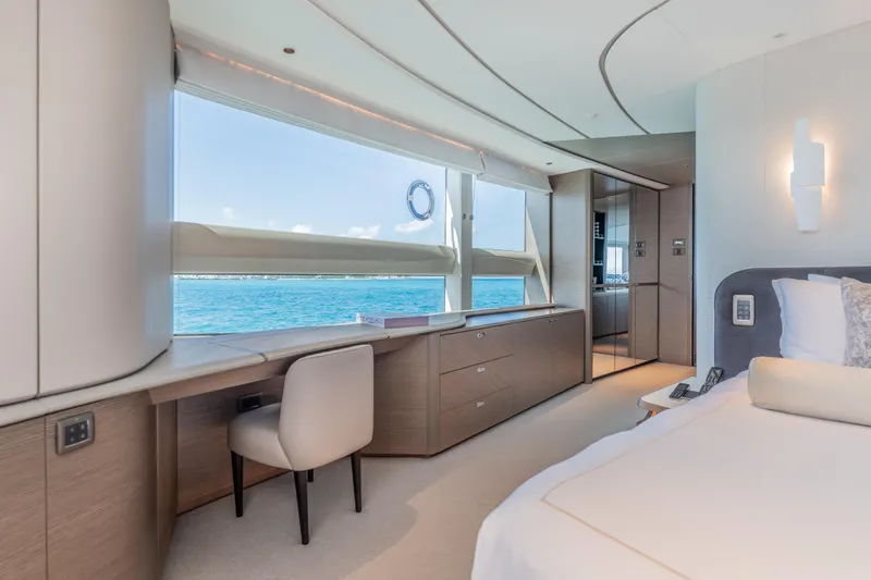 Slide: The Image of Luxurious 2023 Princess X95 yacht bedroom with ocean view and modern interior design. - 61