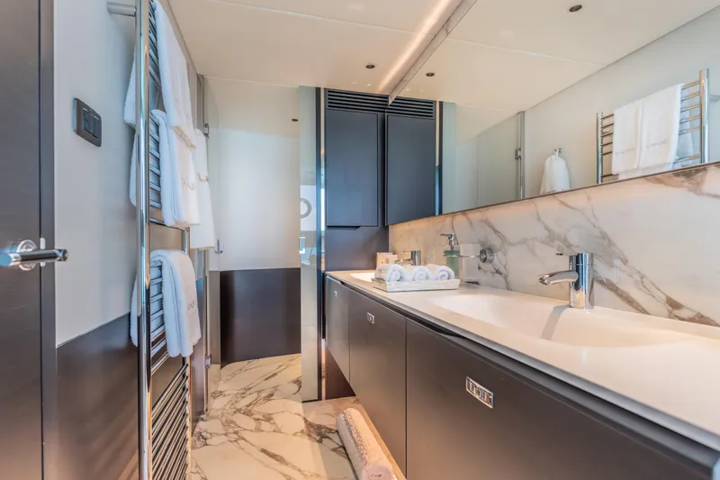 Slide: The Image of Luxurious bathroom interior on 2023 Princess X95 yacht with marble accents and modern fixtures. - 66