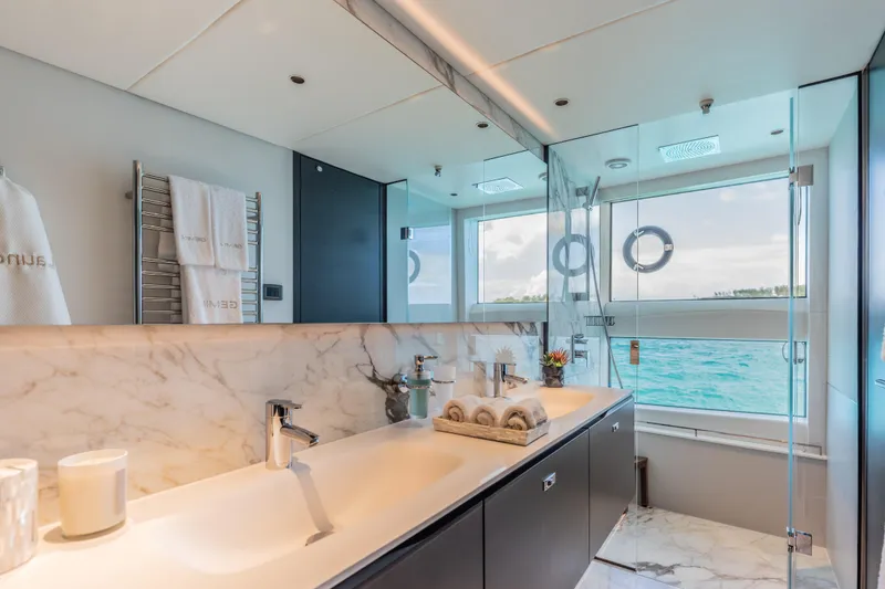 Slide: The Image of Luxurious bathroom on 2023 Princess X95 yacht with ocean view and elegant marble finishes. - 67