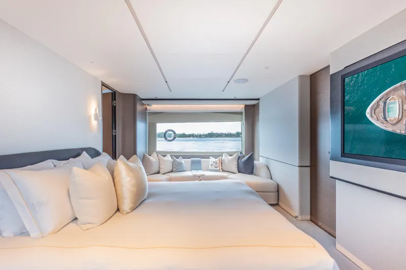 Slide: The Image of Luxurious 2023 Princess X95 yacht bedroom with elegant decor and scenic ocean view. - 69