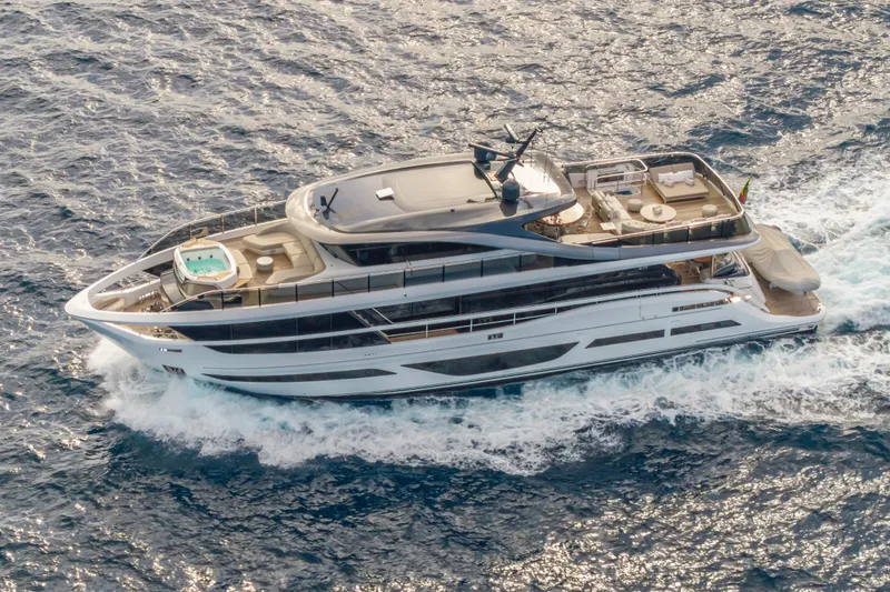Slide: The Image of Luxurious 2023 Princess X95 yacht cruising on open sea, aerial view. - 9